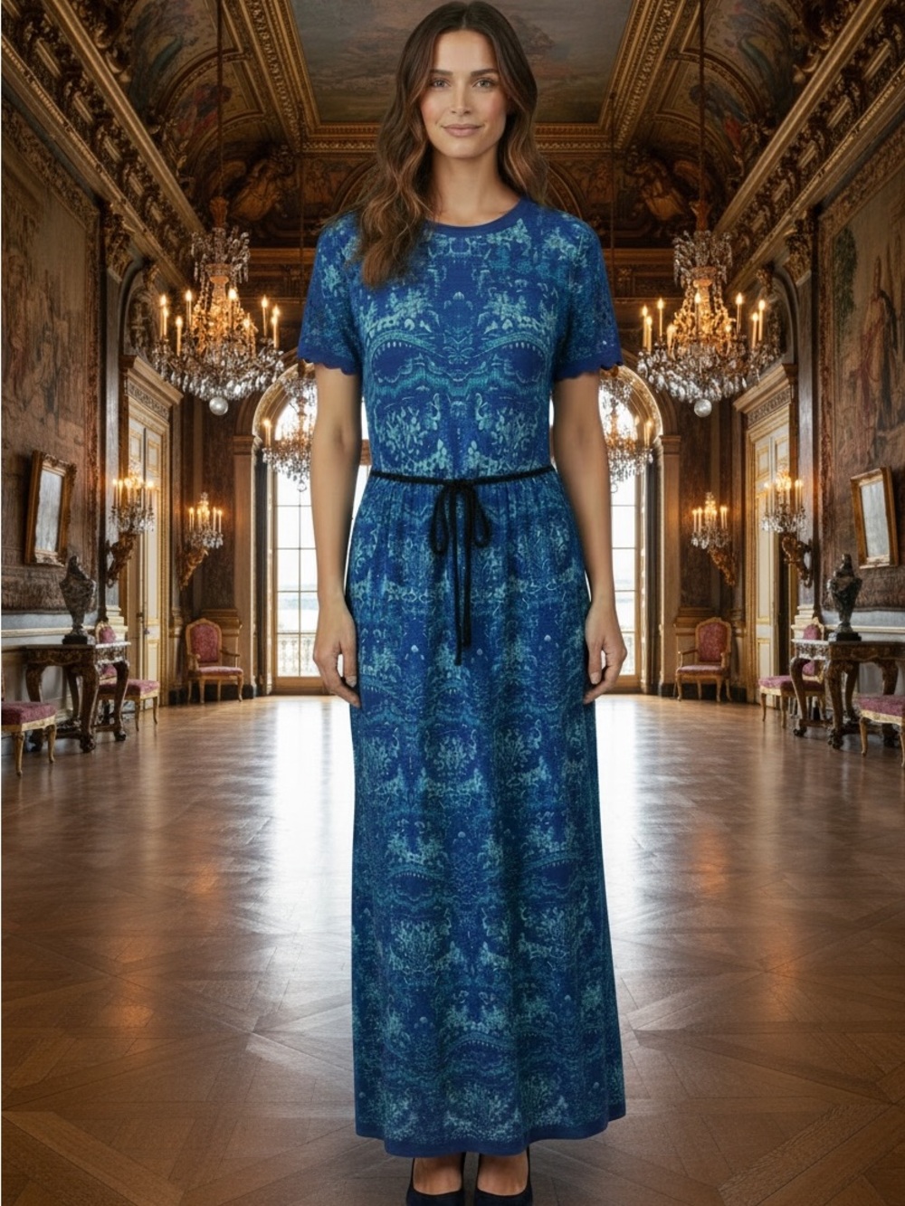 MONIQUE LHUILLIER NEW Azure Blue Lace Crochet Overlay Tie Belt Maxi Dress Size 2